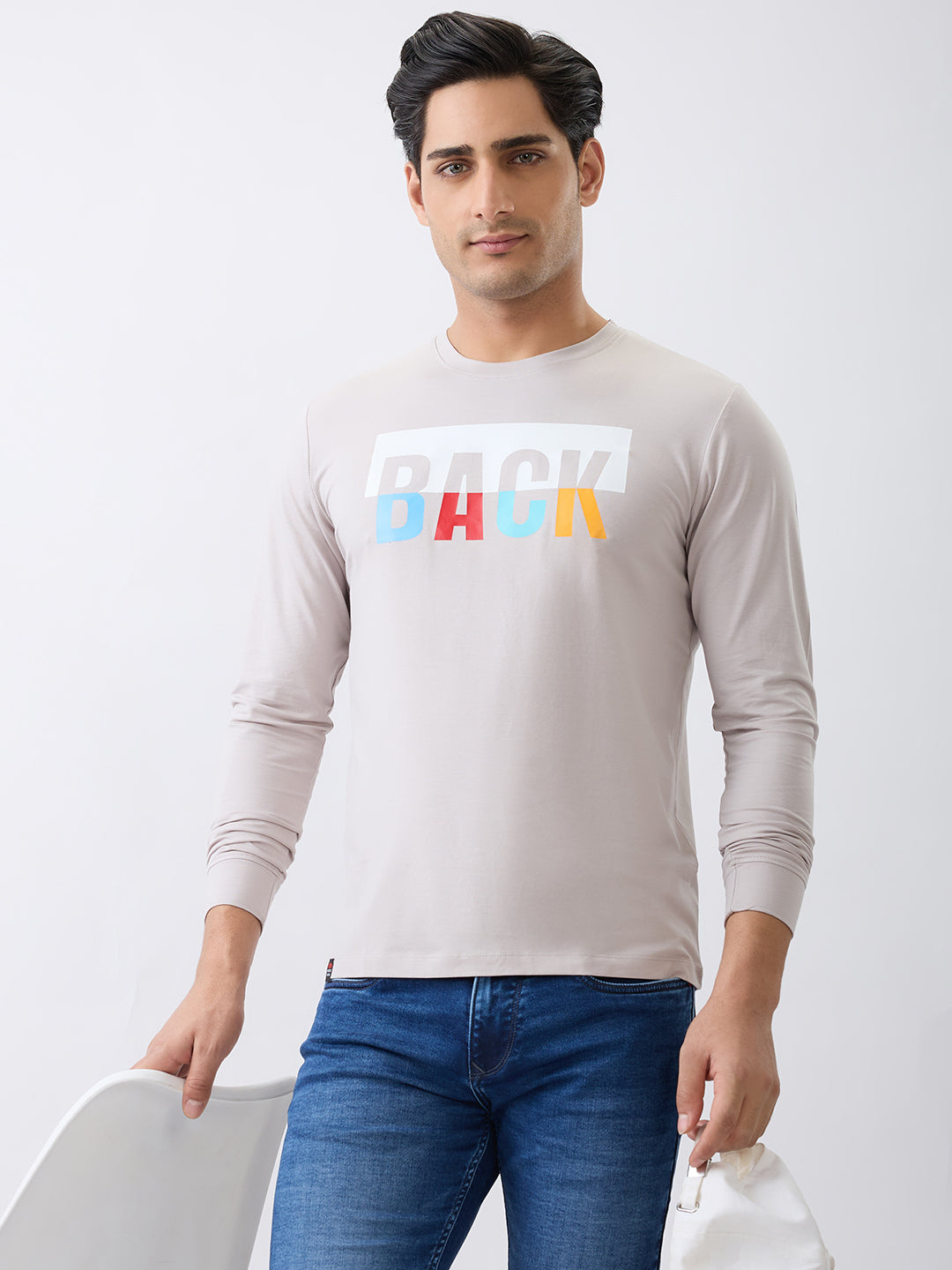 Back 1 Printed Full Sleeve T-Shirt: Grey