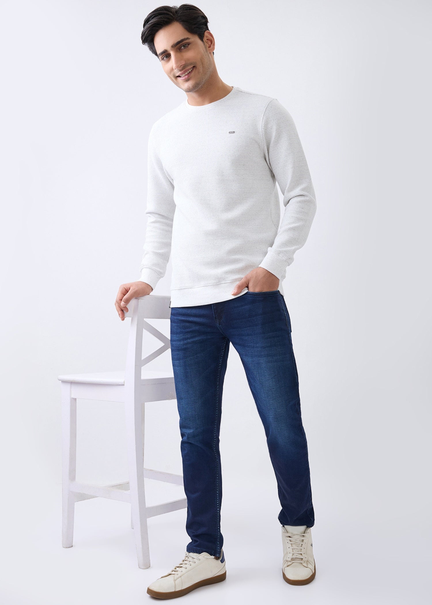 Layer Textured Full Sleeve Sweatshirt: Off-White