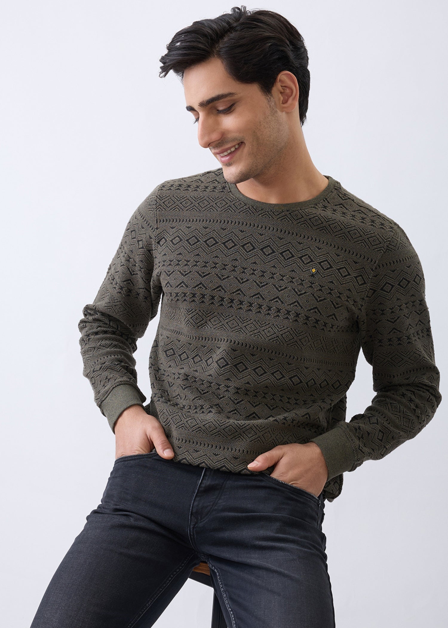 Graze Printed Full Sleeve Pullover: Olive