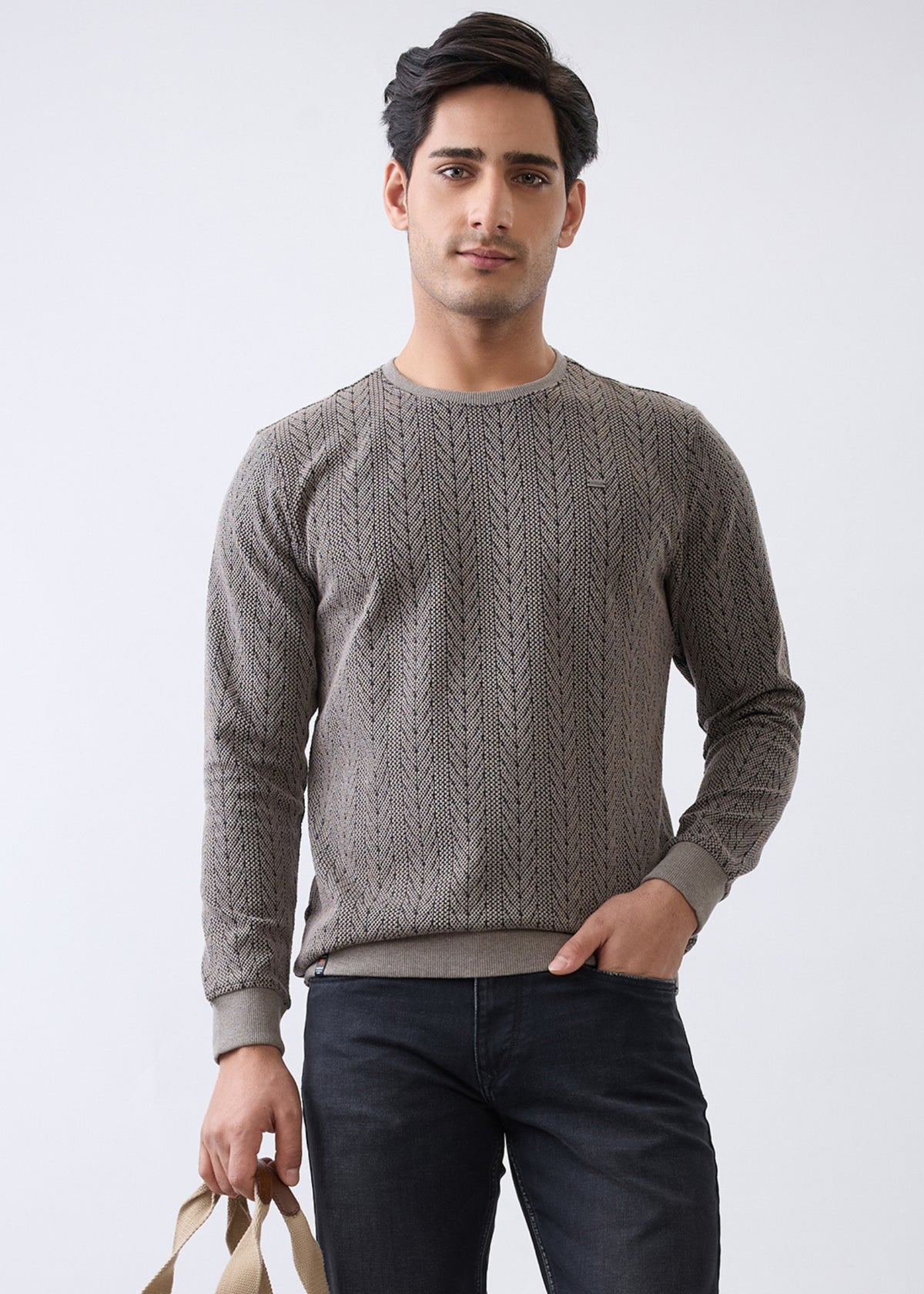 Gravitate Textured Full Sleeve Sweatshirt: Stone