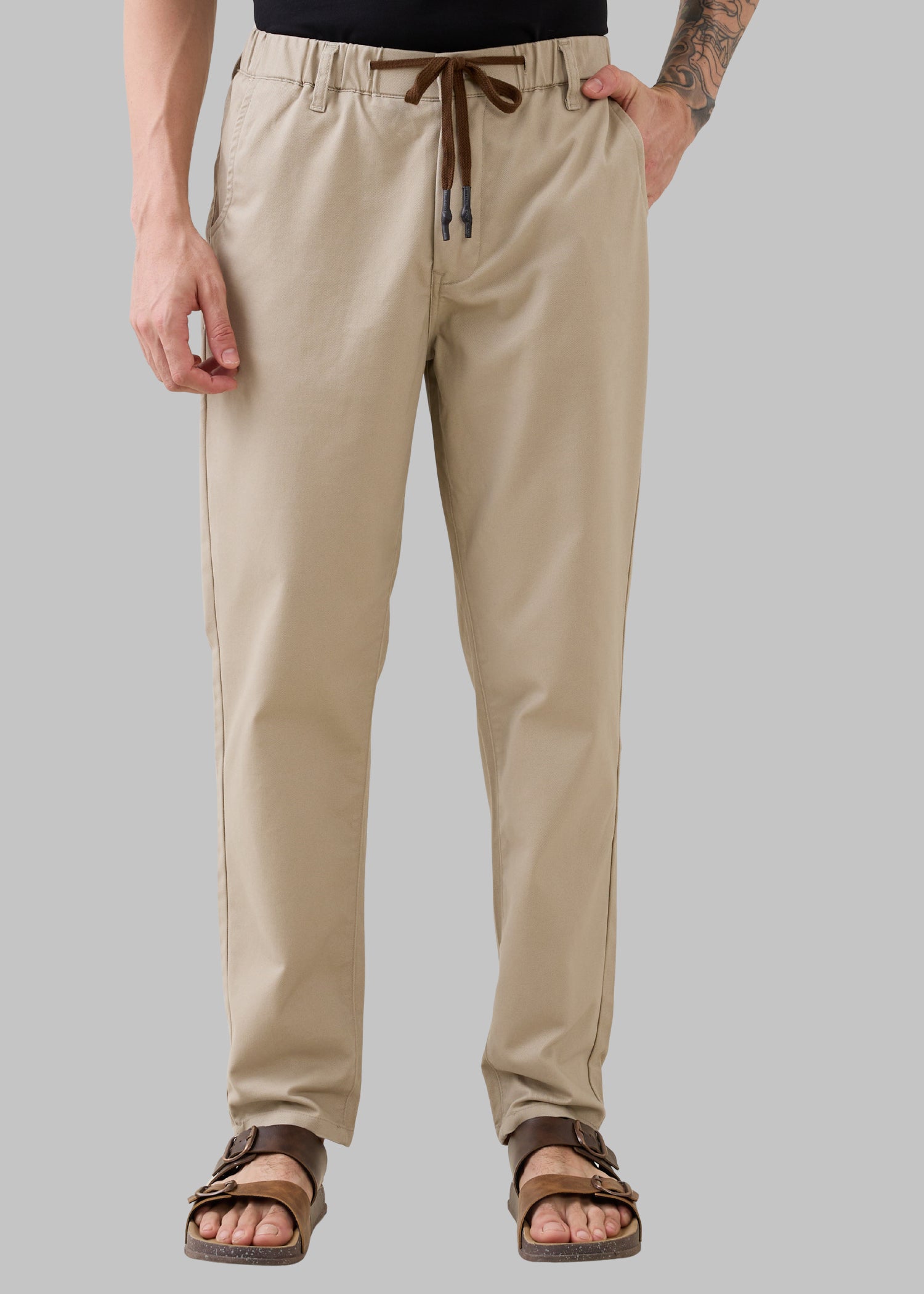 Nostrum Abrus Cotton Drawstring Beige Trouser for Men