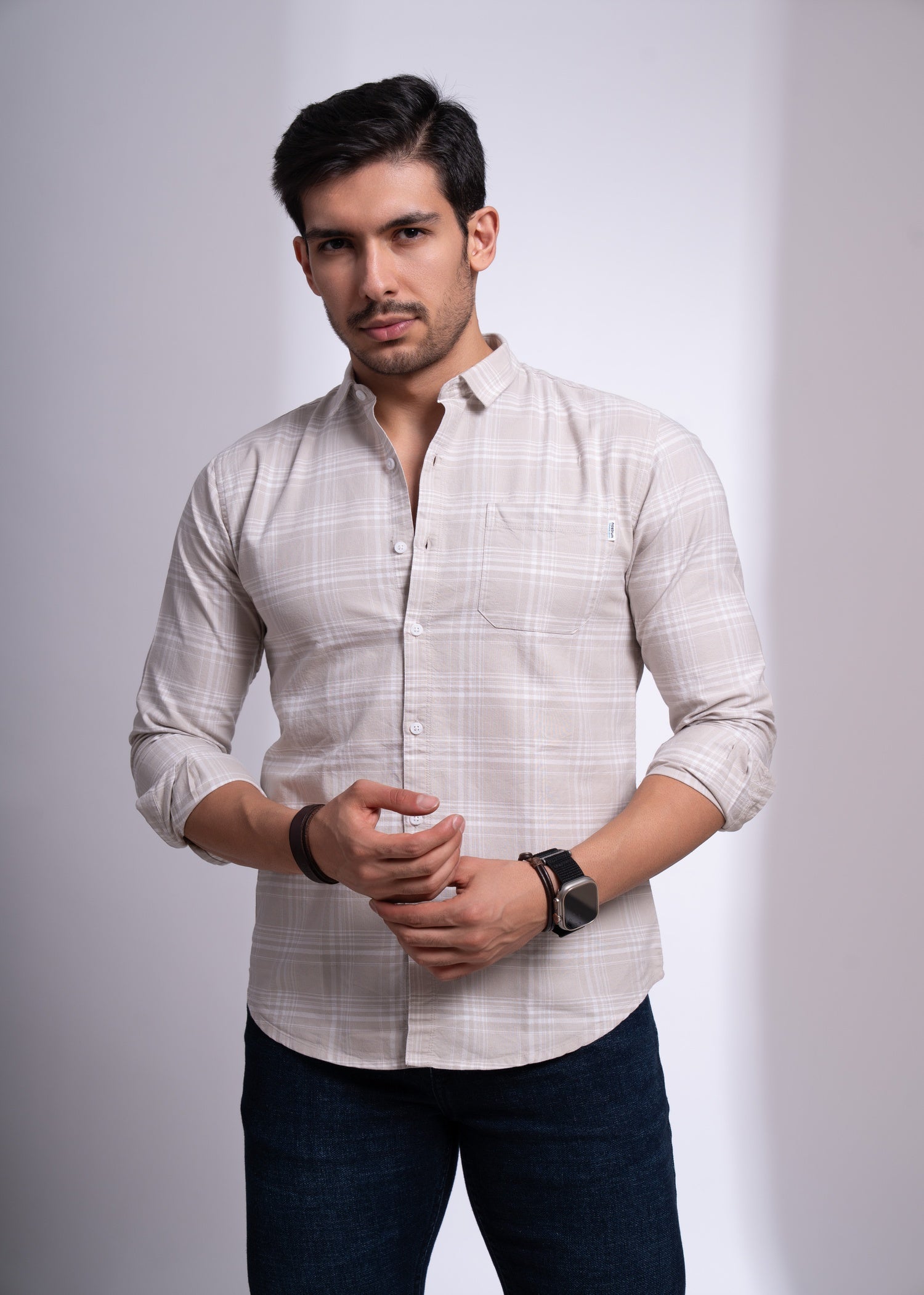 Men’s Checked Cotton Shirt – Beige & Grey | Slim Fit Casual Wear