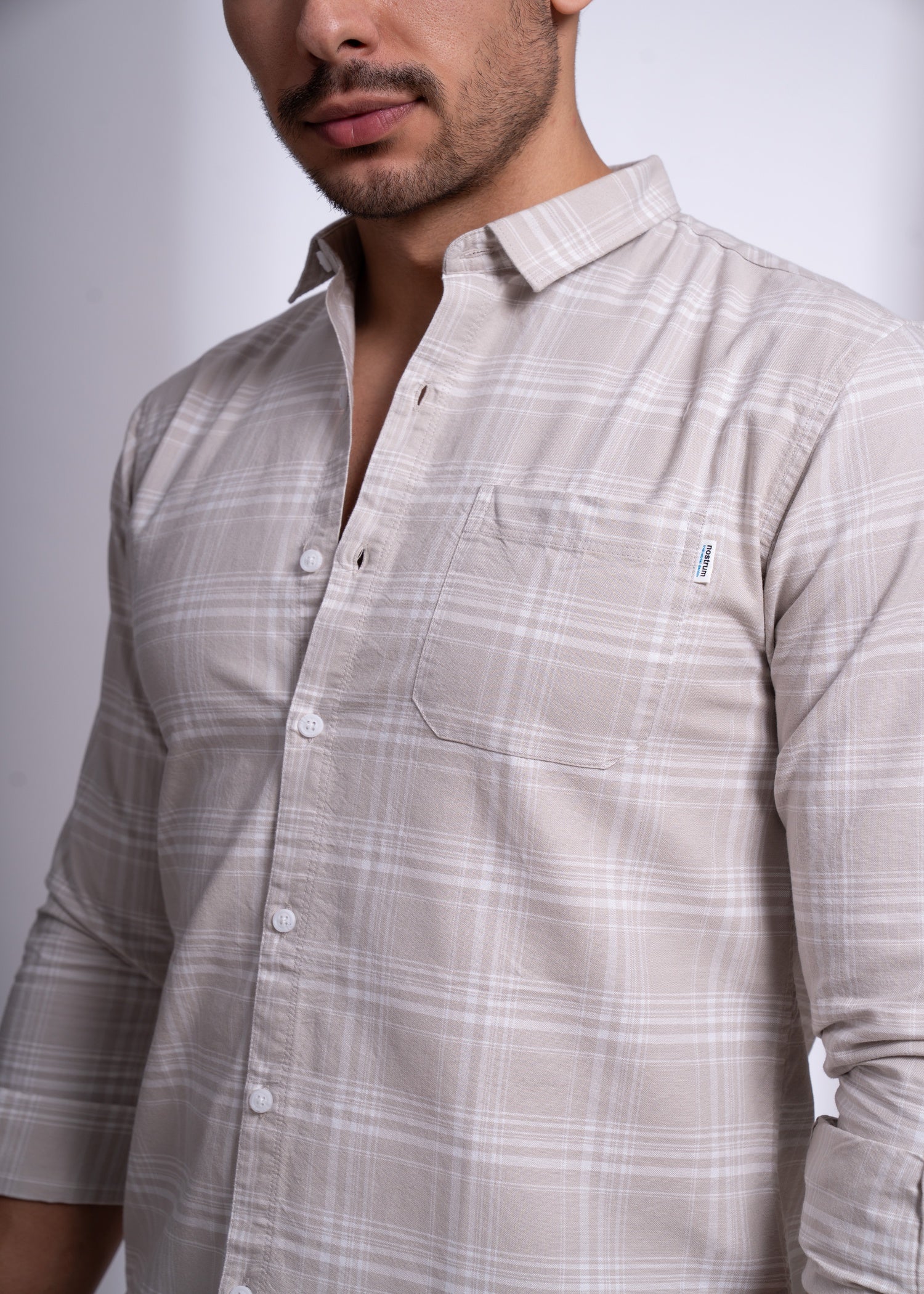 Men’s Checked Cotton Shirt – Beige & Grey | Slim Fit Casual Wear