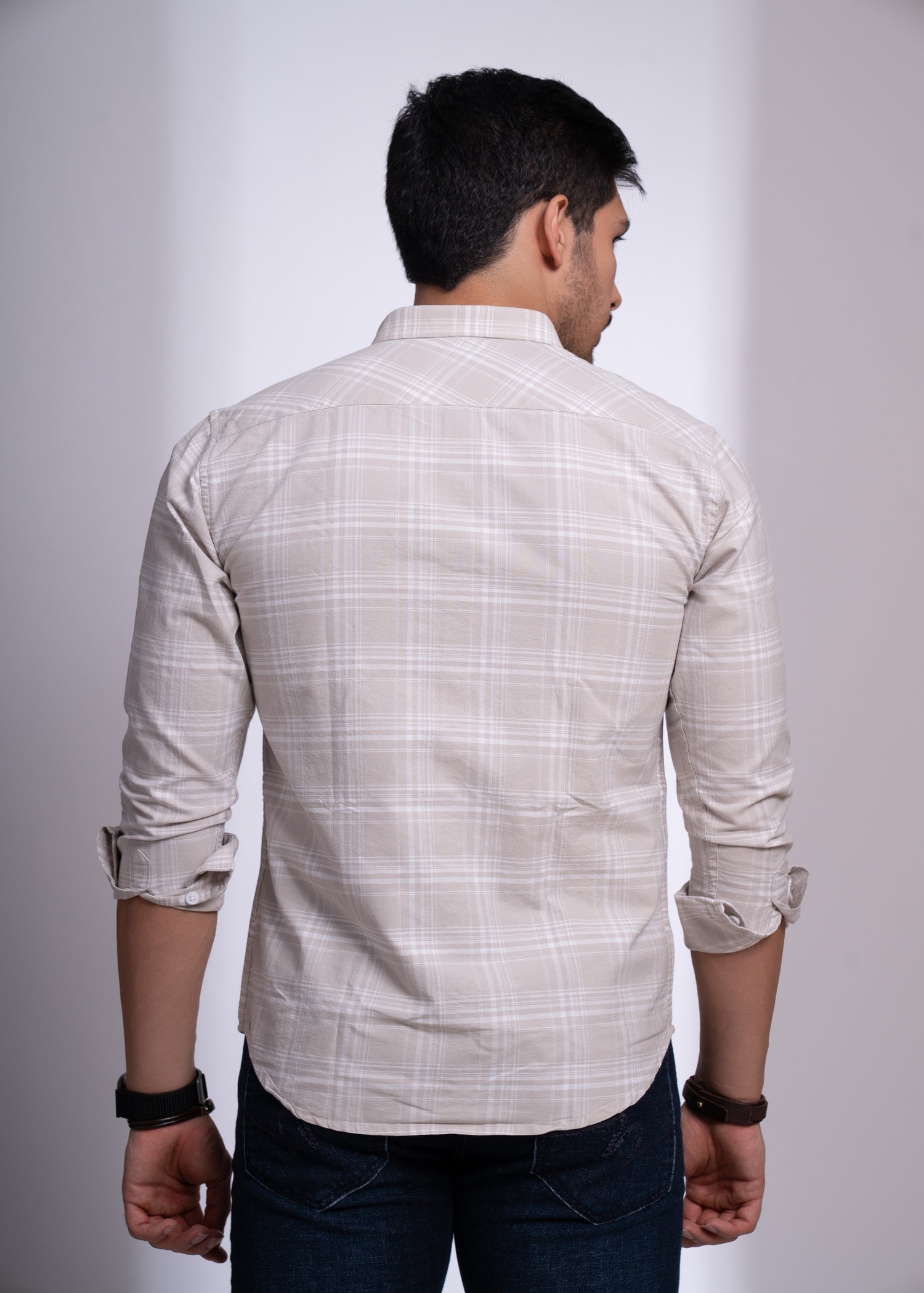 Men’s Checked Cotton Shirt – Beige & Grey | Slim Fit Casual Wear