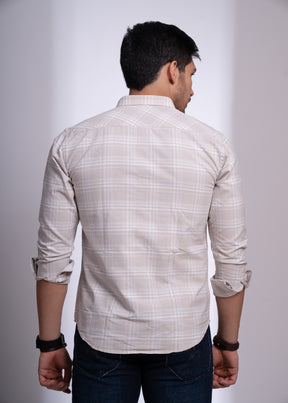 Men’s Checked Cotton Shirt – Beige & Grey | Slim Fit Casual Wear
