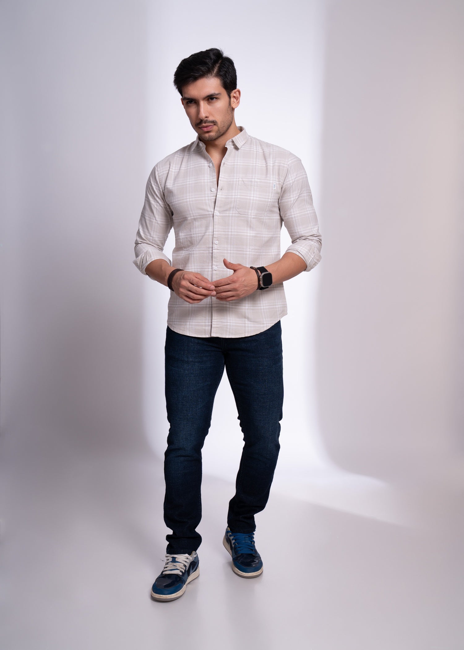 Men’s Checked Cotton Shirt – Beige & Grey | Slim Fit Casual Wear