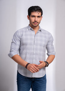 Men’s Checked Cotton Shirt – Beige & Grey | Slim Fit Casual Wear