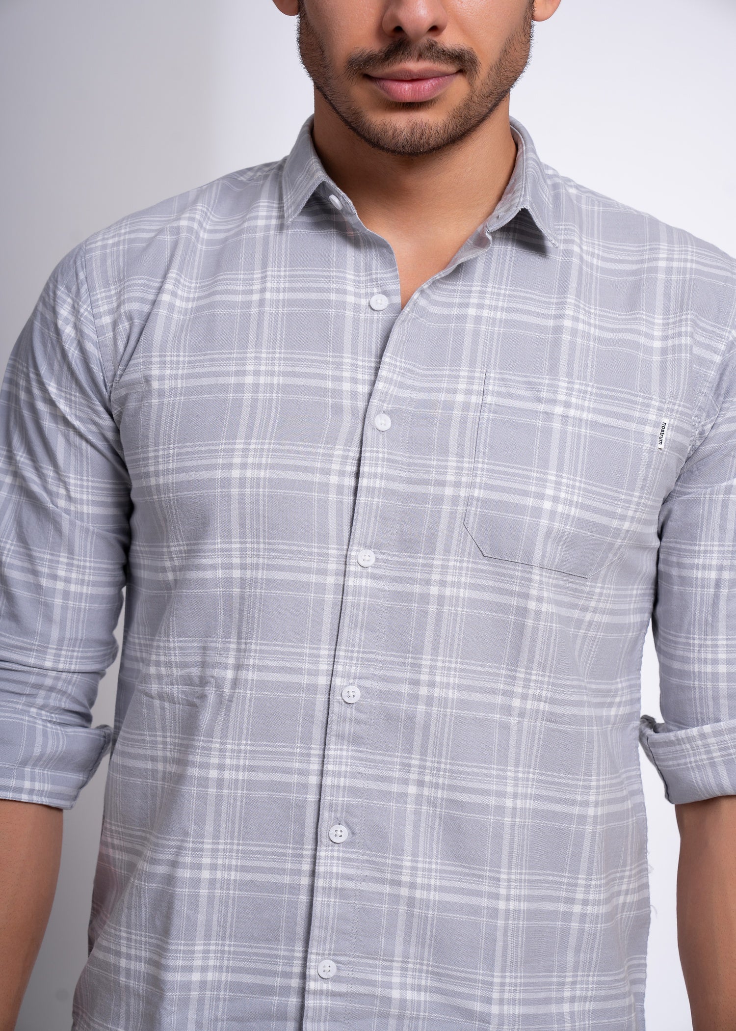Men’s Checked Cotton Shirt – Beige & Grey | Slim Fit Casual Wear
