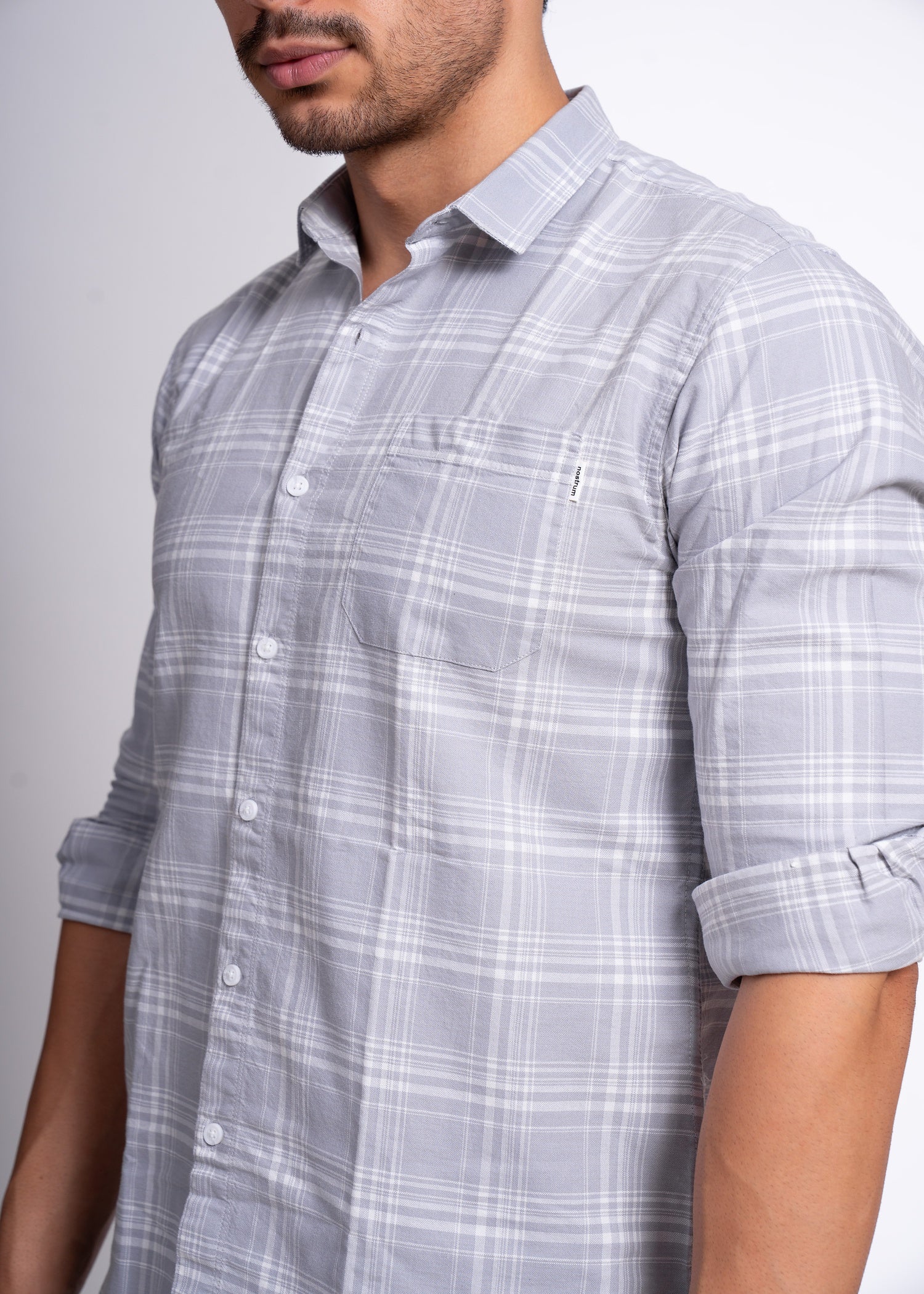 Men’s Checked Cotton Shirt – Beige & Grey | Slim Fit Casual Wear