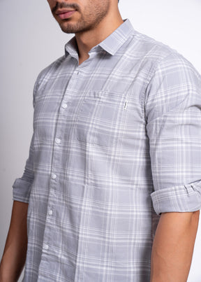 Men’s Checked Cotton Shirt – Beige & Grey | Slim Fit Casual Wear