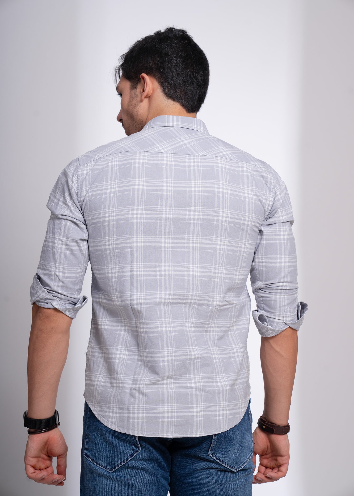 Men’s Checked Cotton Shirt – Beige & Grey | Slim Fit Casual Wear