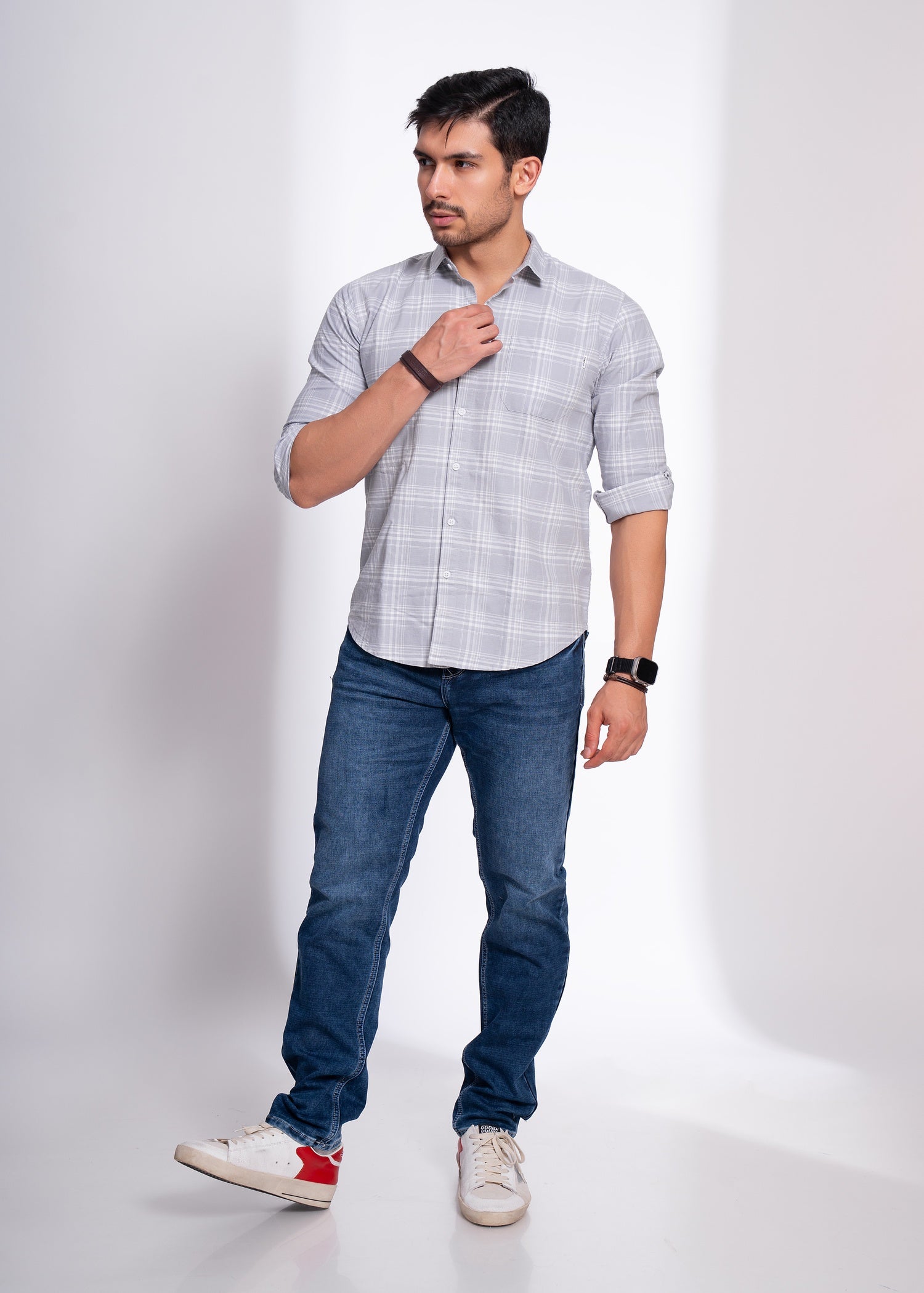 Men’s Checked Cotton Shirt – Beige & Grey | Slim Fit Casual Wear