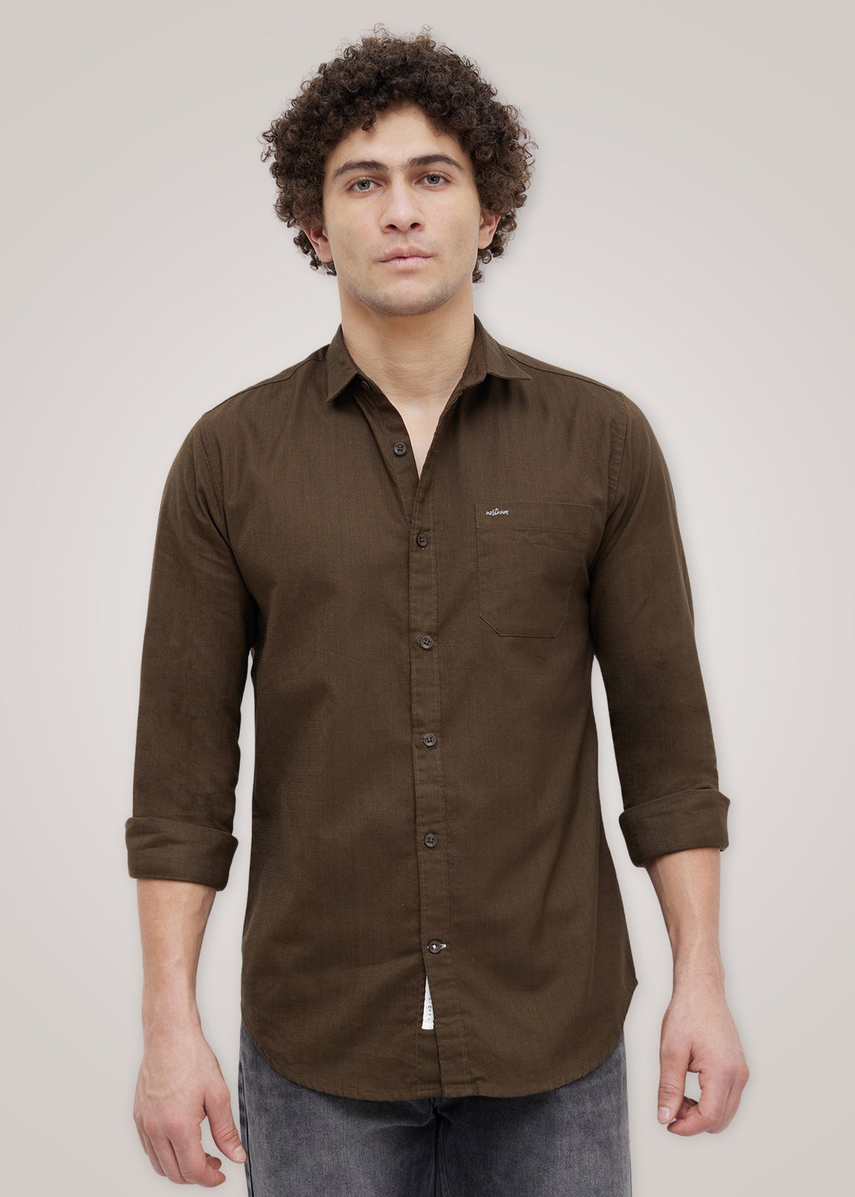 Contain Textured Pure Cotton Full Sleeve Shirt: Coffee
