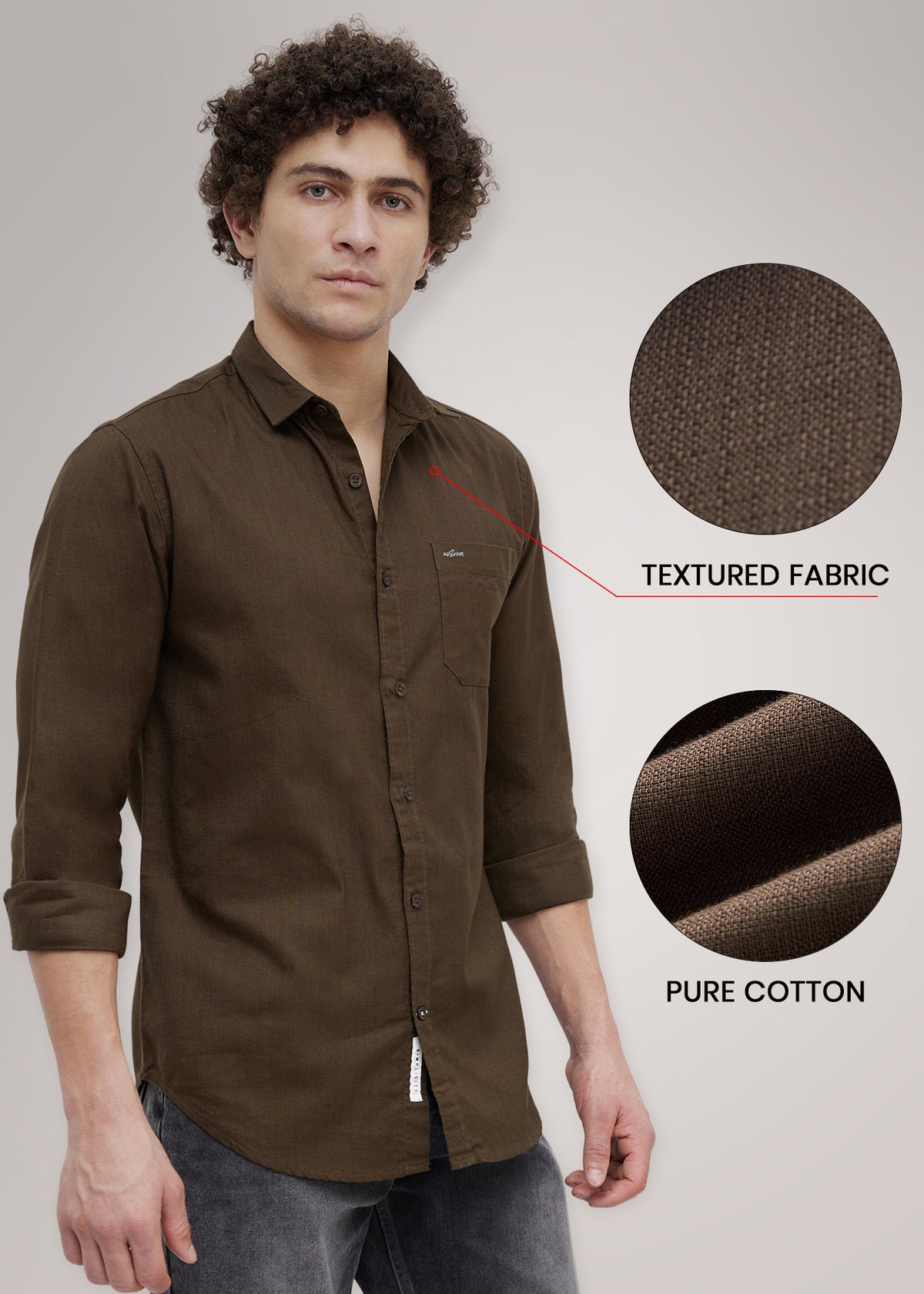 Contain Textured Pure Cotton Full Sleeve Shirt: Coffee