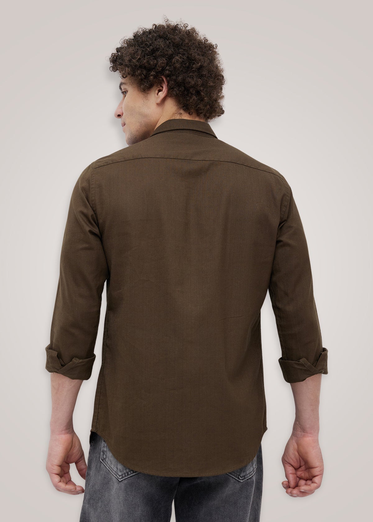 Contain Textured Pure Cotton Full Sleeve Shirt: Coffee
