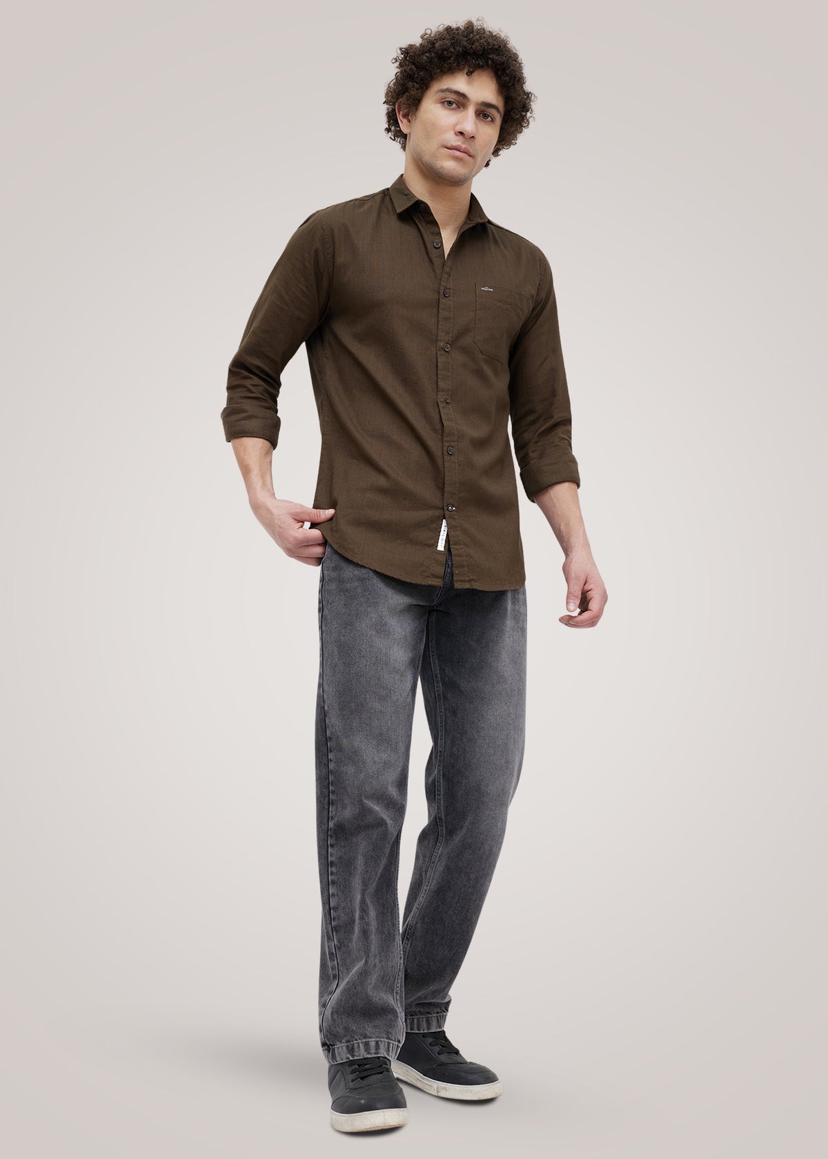 Contain Textured Pure Cotton Full Sleeve Shirt: Coffee