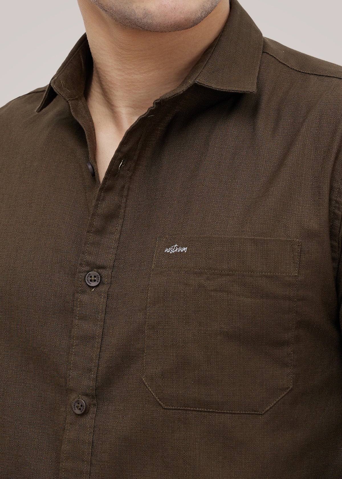 Contain Textured Pure Cotton Full Sleeve Shirt: Coffee
