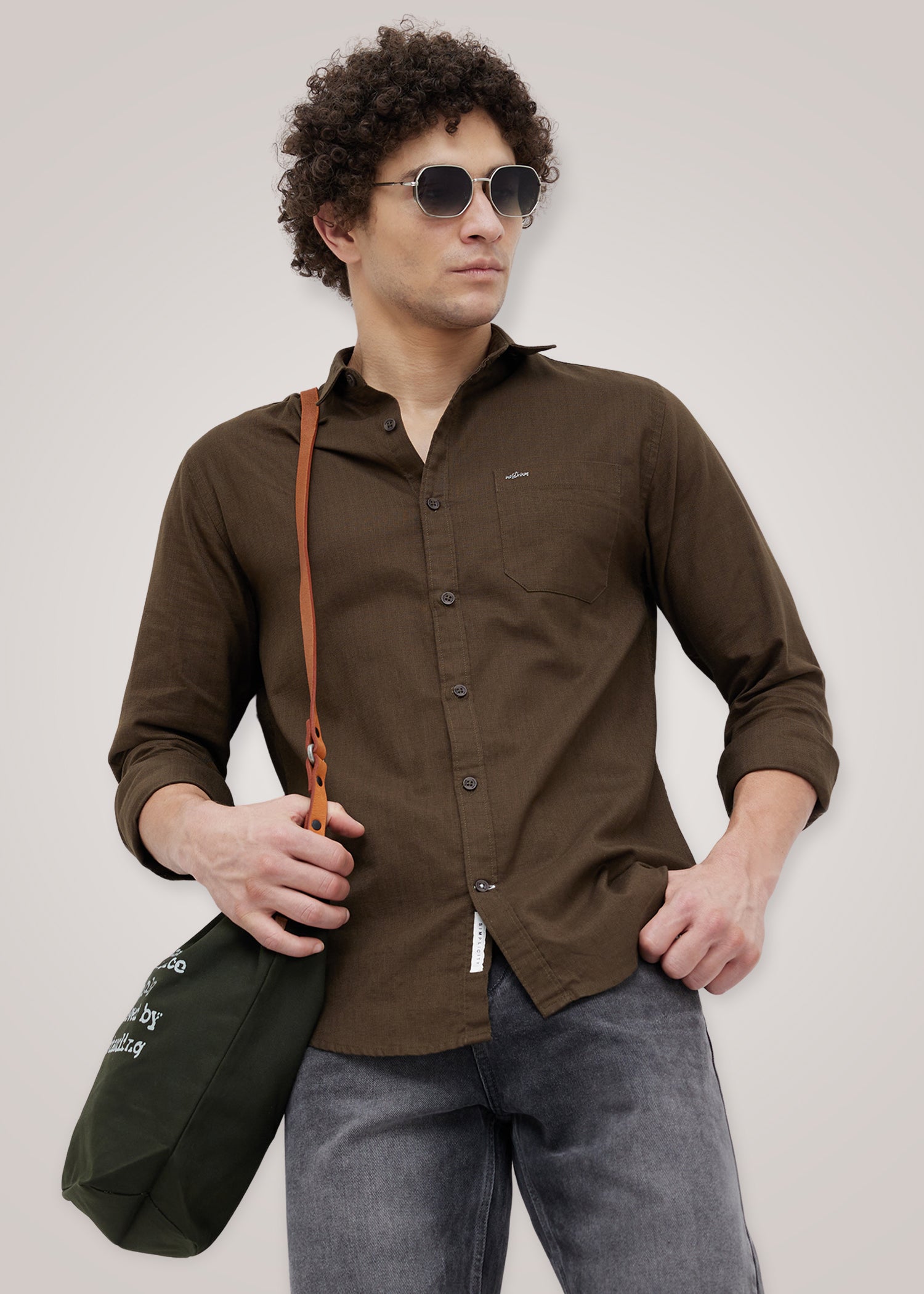 Contain Textured Pure Cotton Full Sleeve Shirt: Coffee