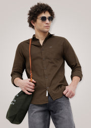 Contain Textured Pure Cotton Full Sleeve Shirt: Coffee