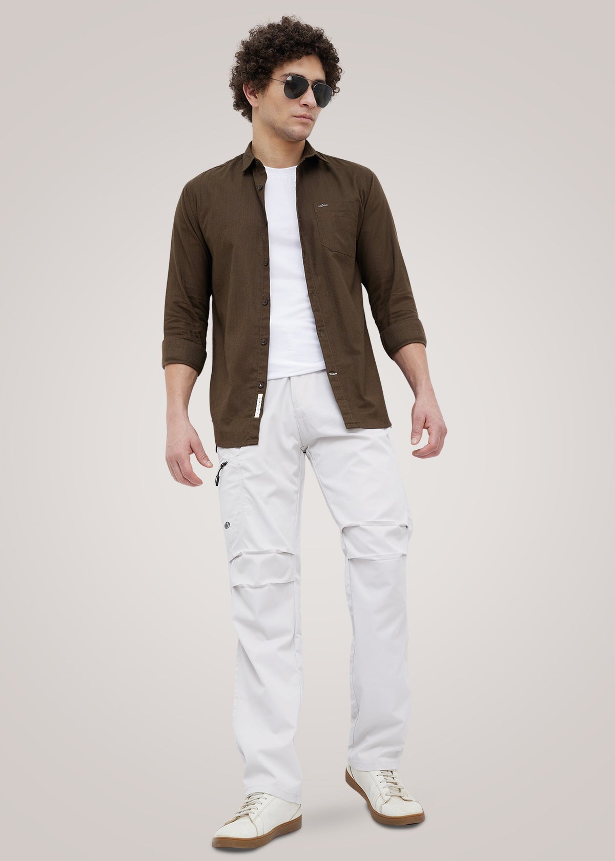 Contain Textured Pure Cotton Full Sleeve Shirt: Coffee