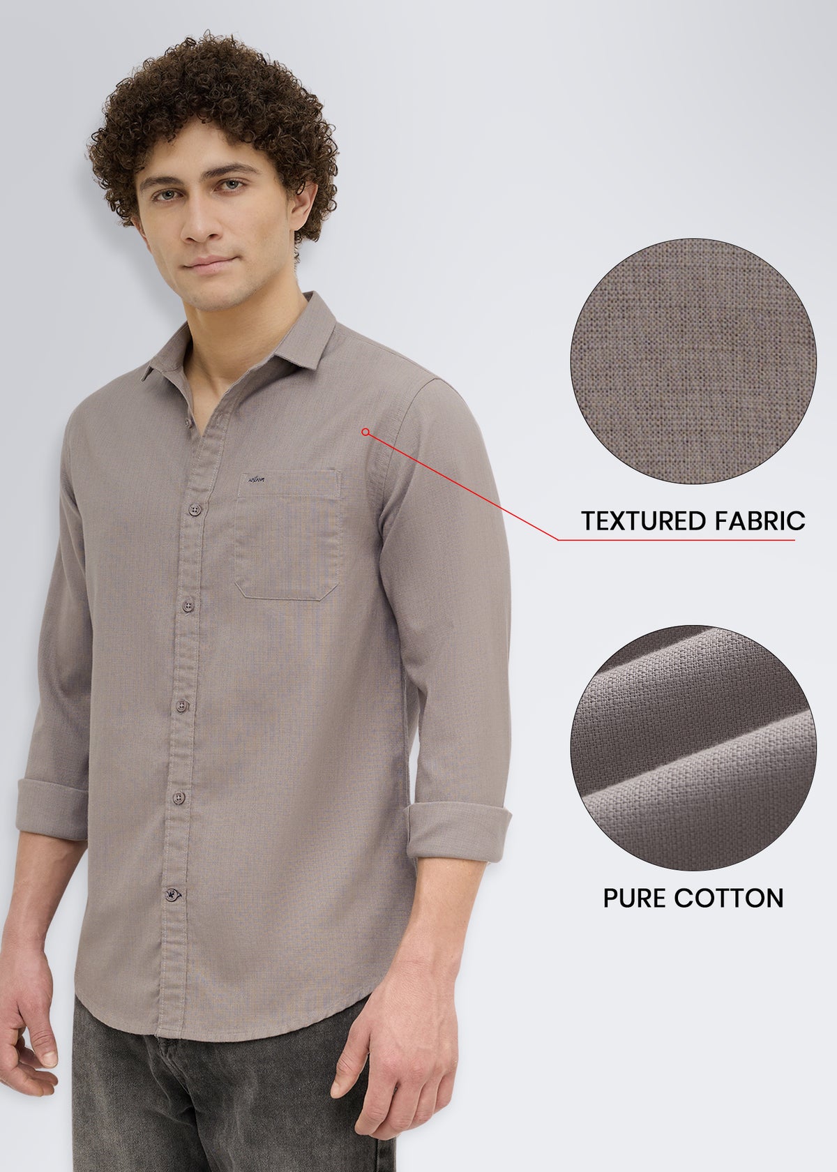 Contain Textured Pure Cotton Full Sleeve Shirt: Grey