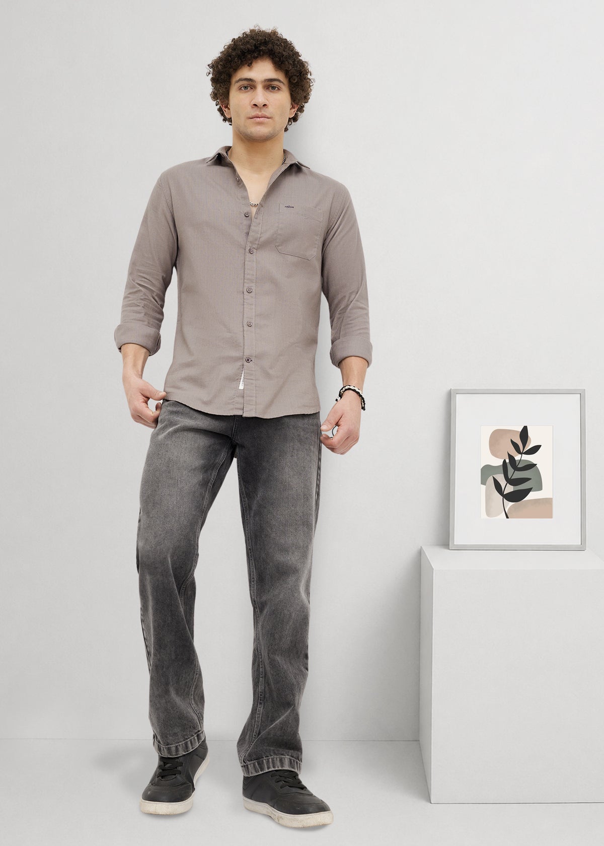 Contain Textured Pure Cotton Full Sleeve Shirt: Grey