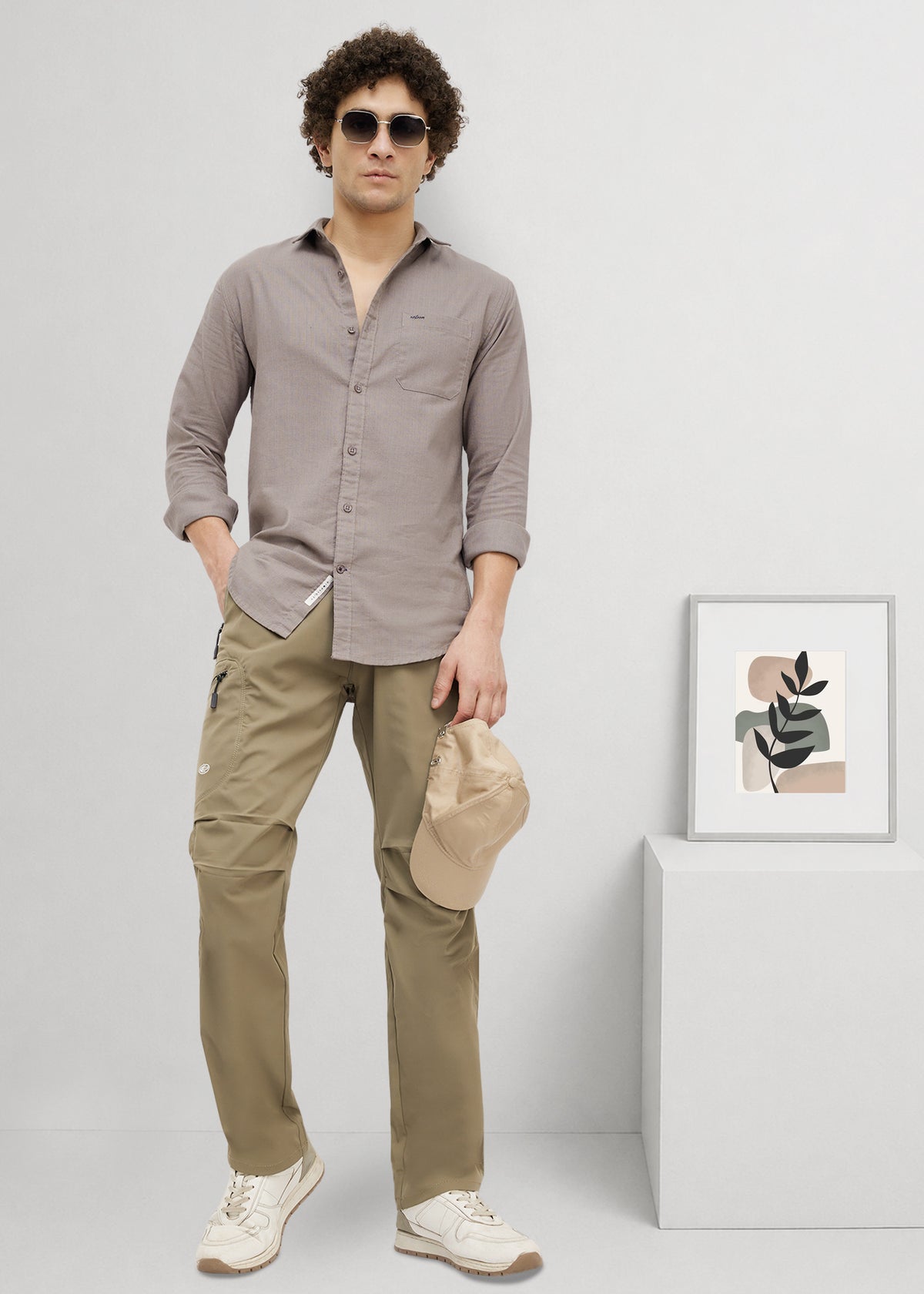 Contain Textured Pure Cotton Full Sleeve Shirt: Grey
