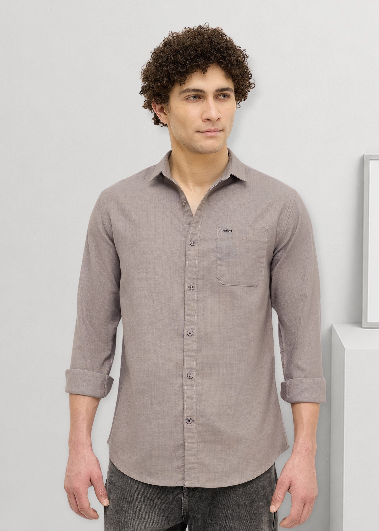 Contain Textured Pure Cotton Full Sleeve Shirt: Grey
