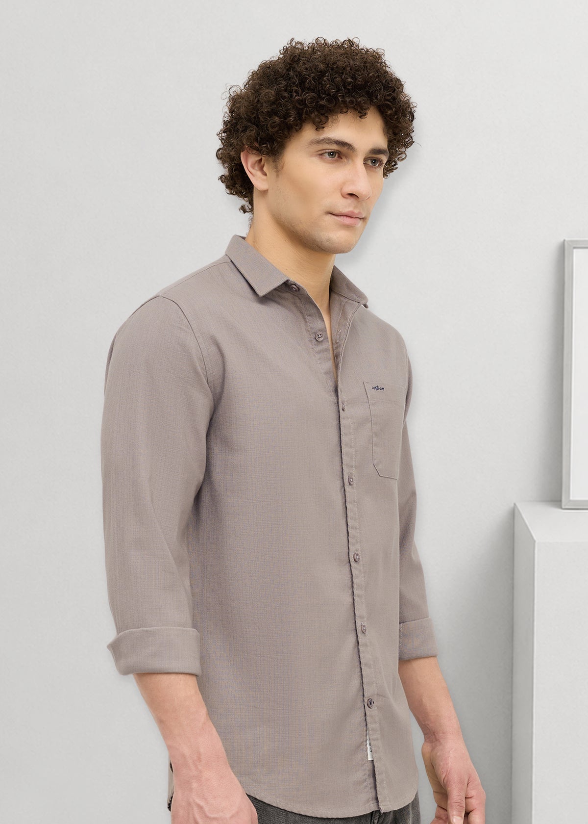 Contain Textured Pure Cotton Full Sleeve Shirt: Grey