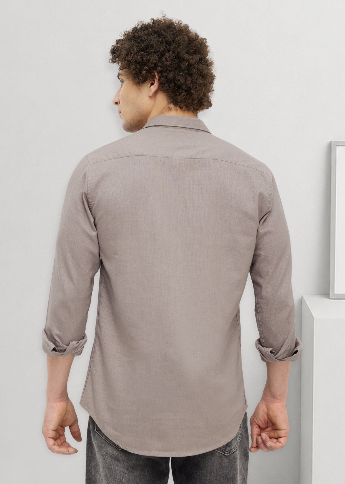 Contain Textured Pure Cotton Full Sleeve Shirt: Grey