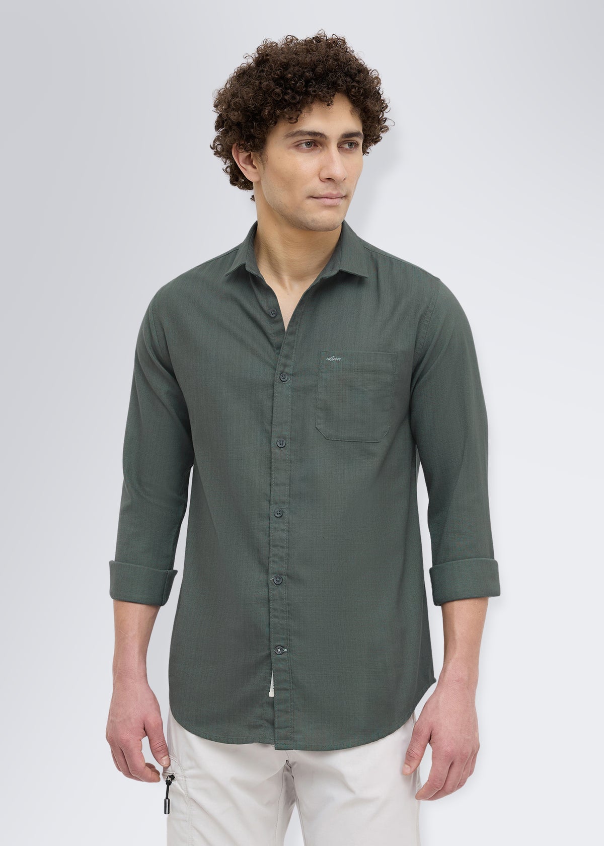 Contain Textured Pure Cotton Full Sleeve Shirt: Olive