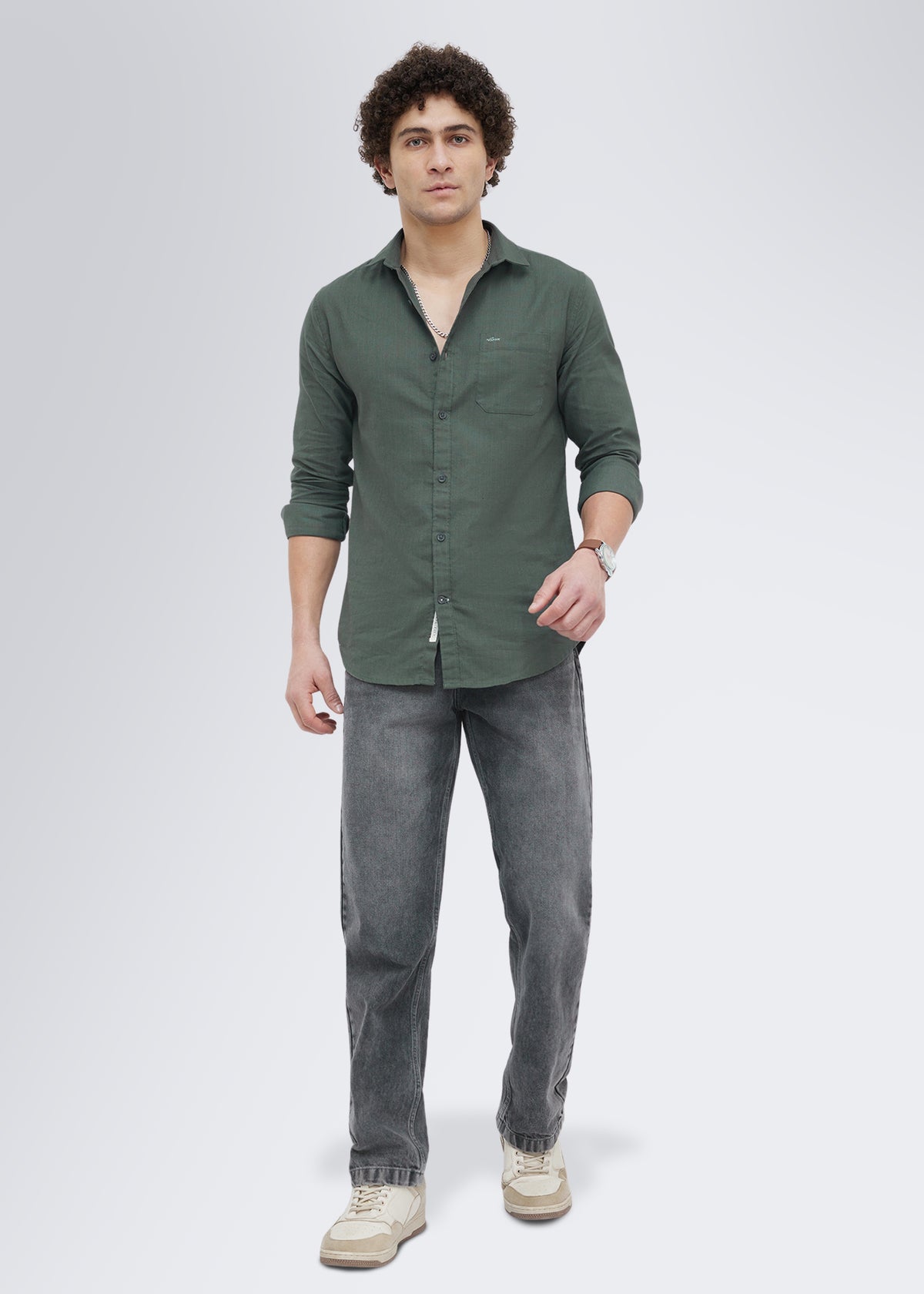 Contain Textured Pure Cotton Full Sleeve Shirt: Olive