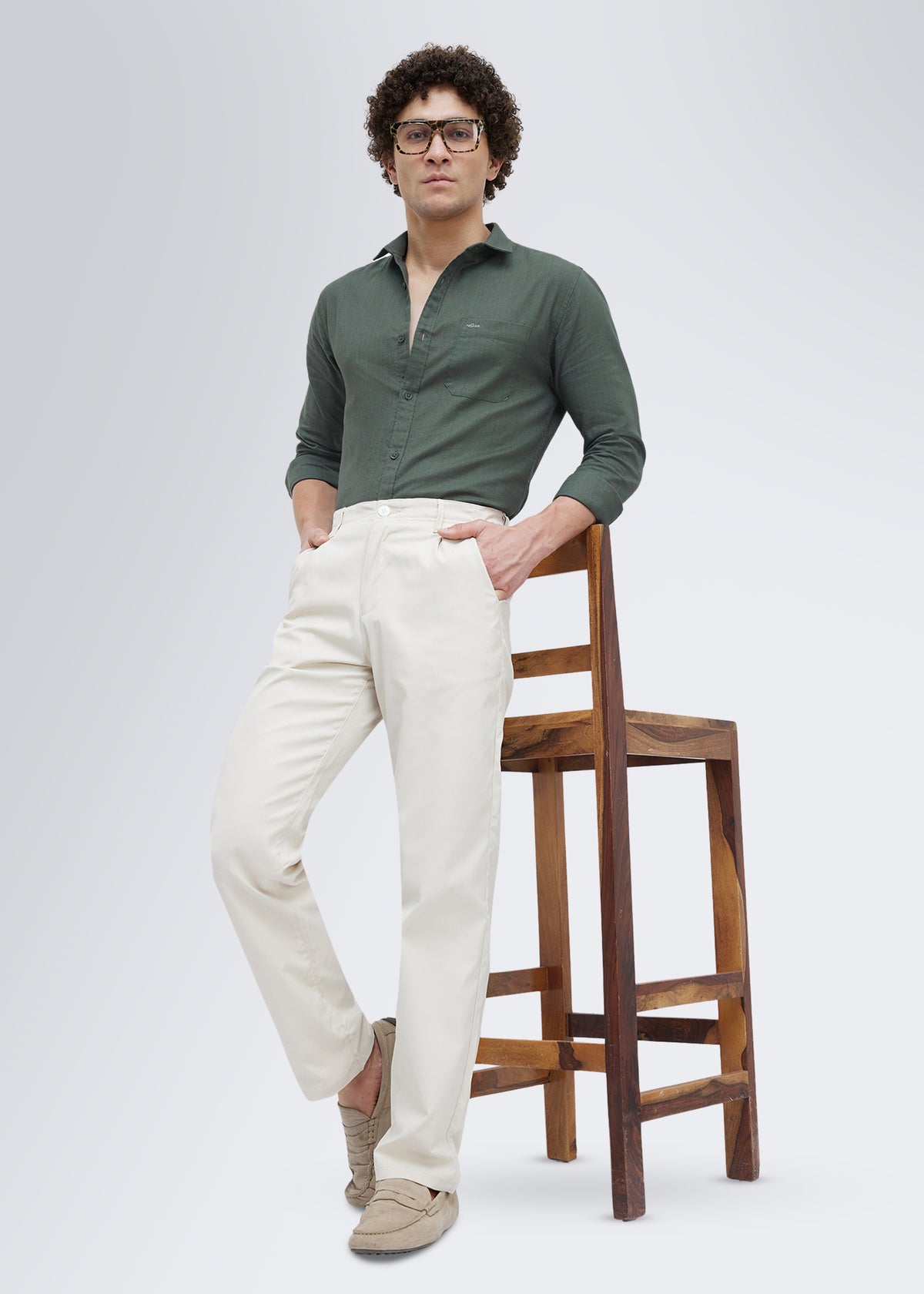 Contain Textured Pure Cotton Full Sleeve Shirt: Olive