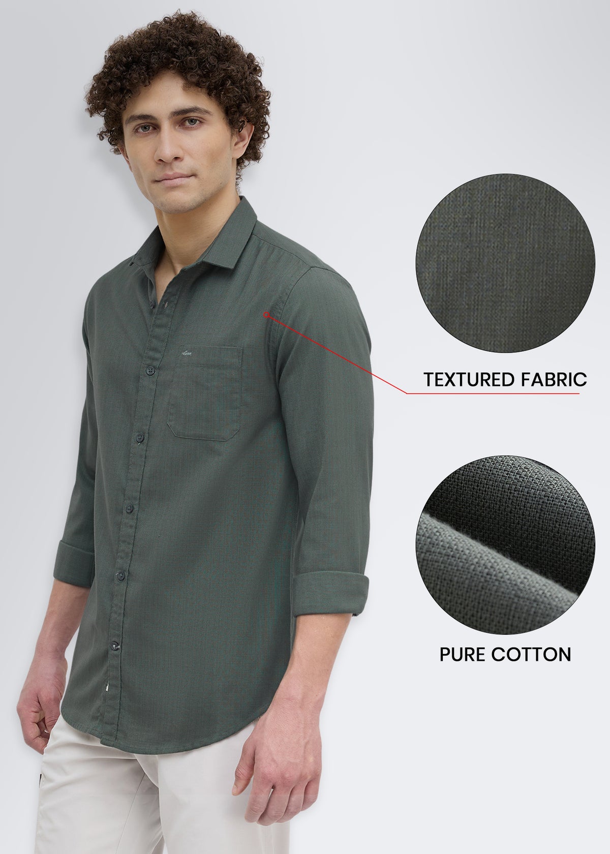 Contain Textured Pure Cotton Full Sleeve Shirt: Olive
