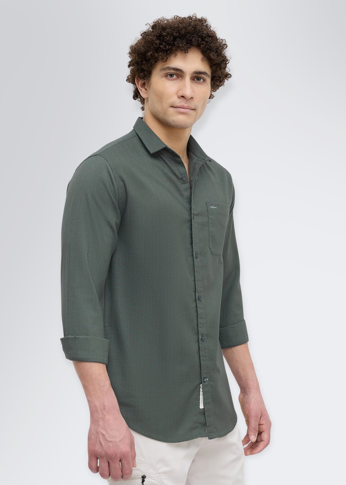 Contain Textured Pure Cotton Full Sleeve Shirt: Olive