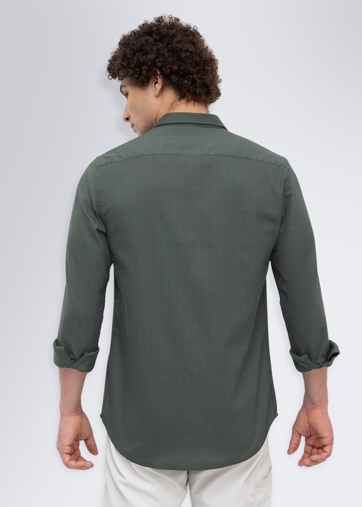 Contain Textured Pure Cotton Full Sleeve Shirt: Olive