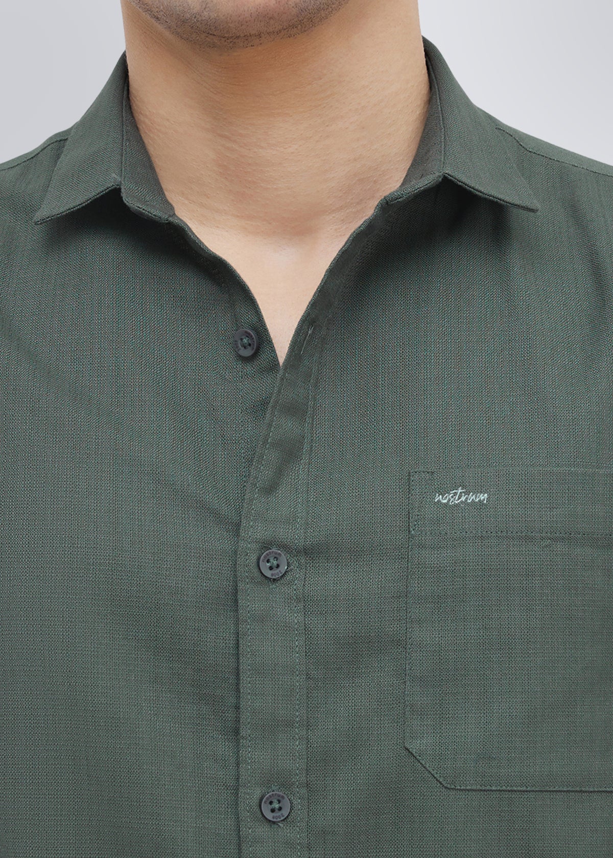 Contain Textured Pure Cotton Full Sleeve Shirt: Olive