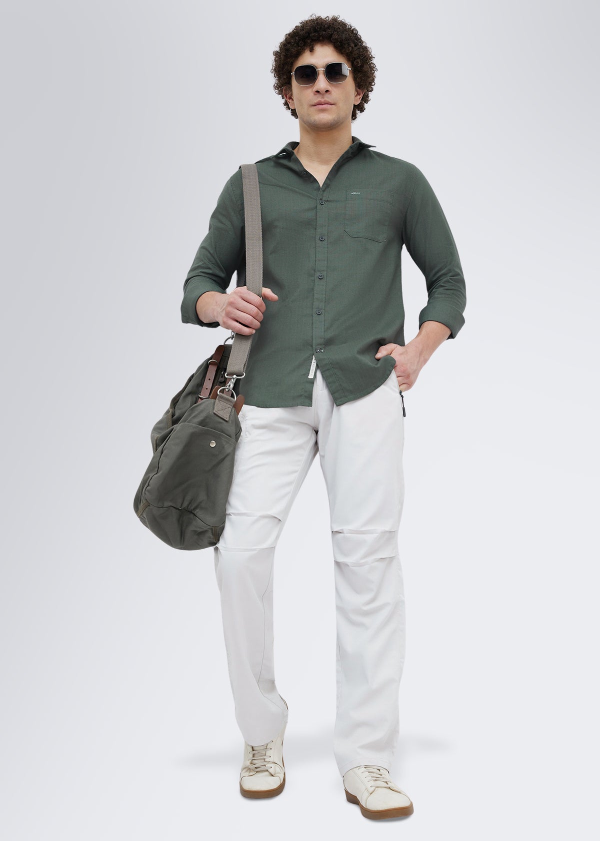 Contain Textured Pure Cotton Full Sleeve Shirt: Olive