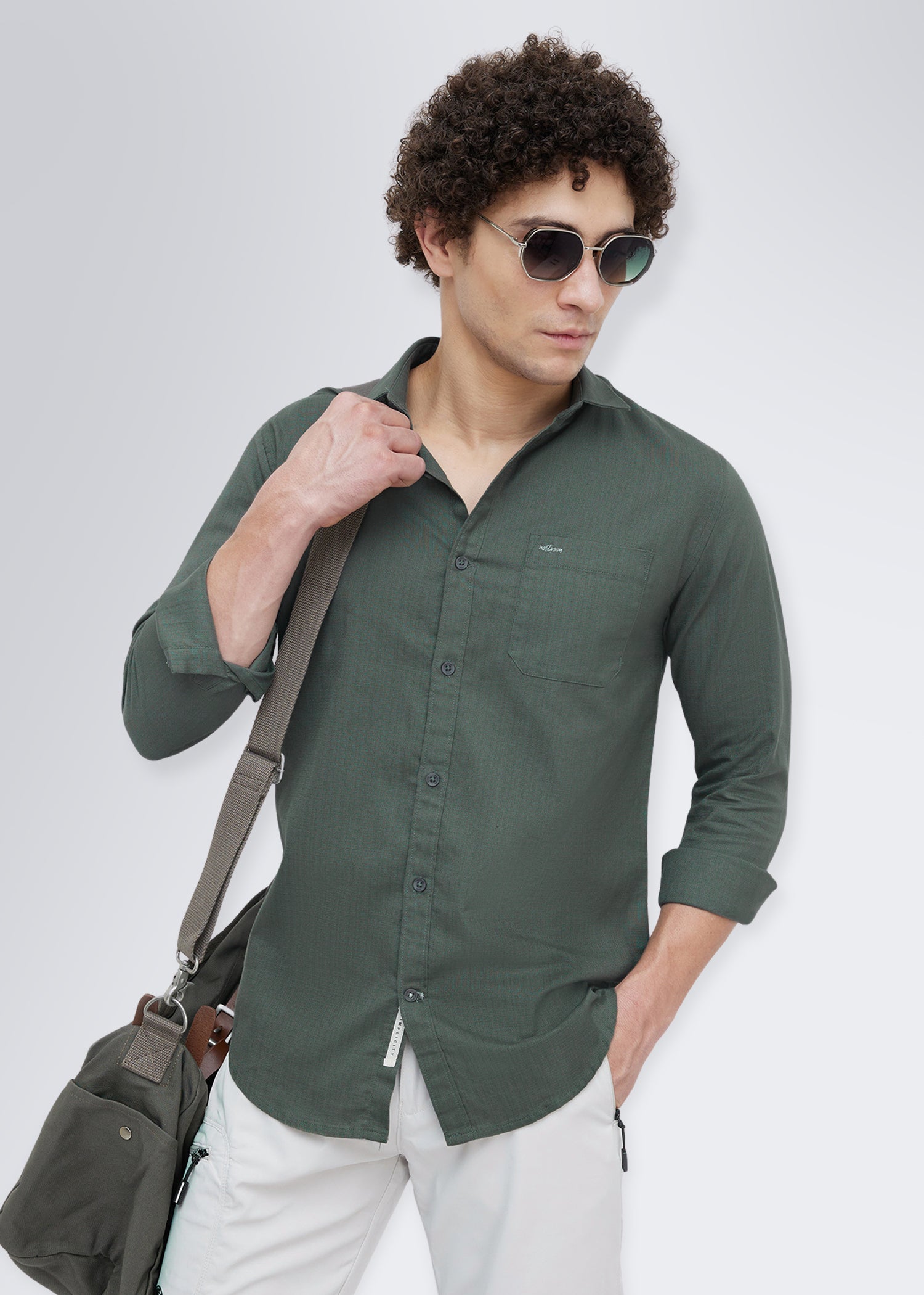 Contain Textured Pure Cotton Full Sleeve Shirt: Olive