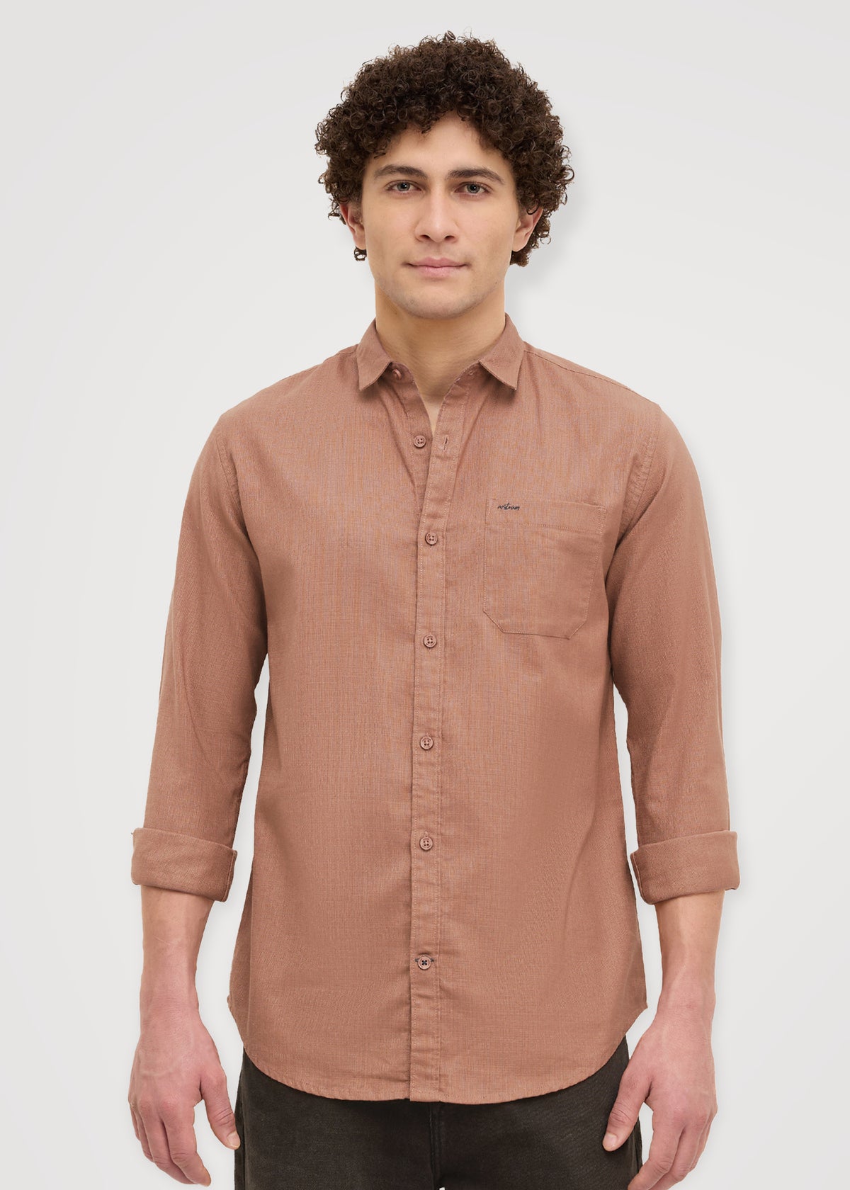 Contain Textured Pure Cotton Full Sleeve Shirt: Rust