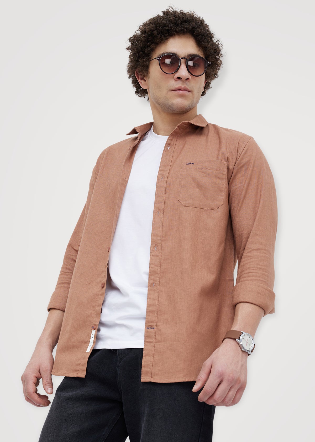 Contain Textured Pure Cotton Full Sleeve Shirt: Rust