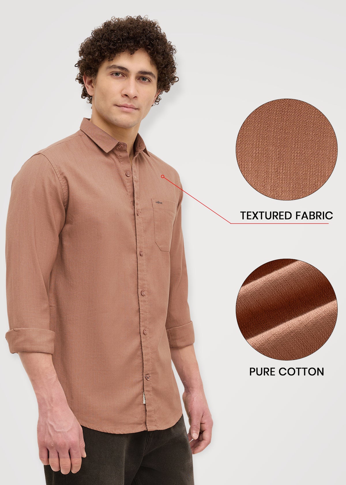 Contain Textured Pure Cotton Full Sleeve Shirt: Rust