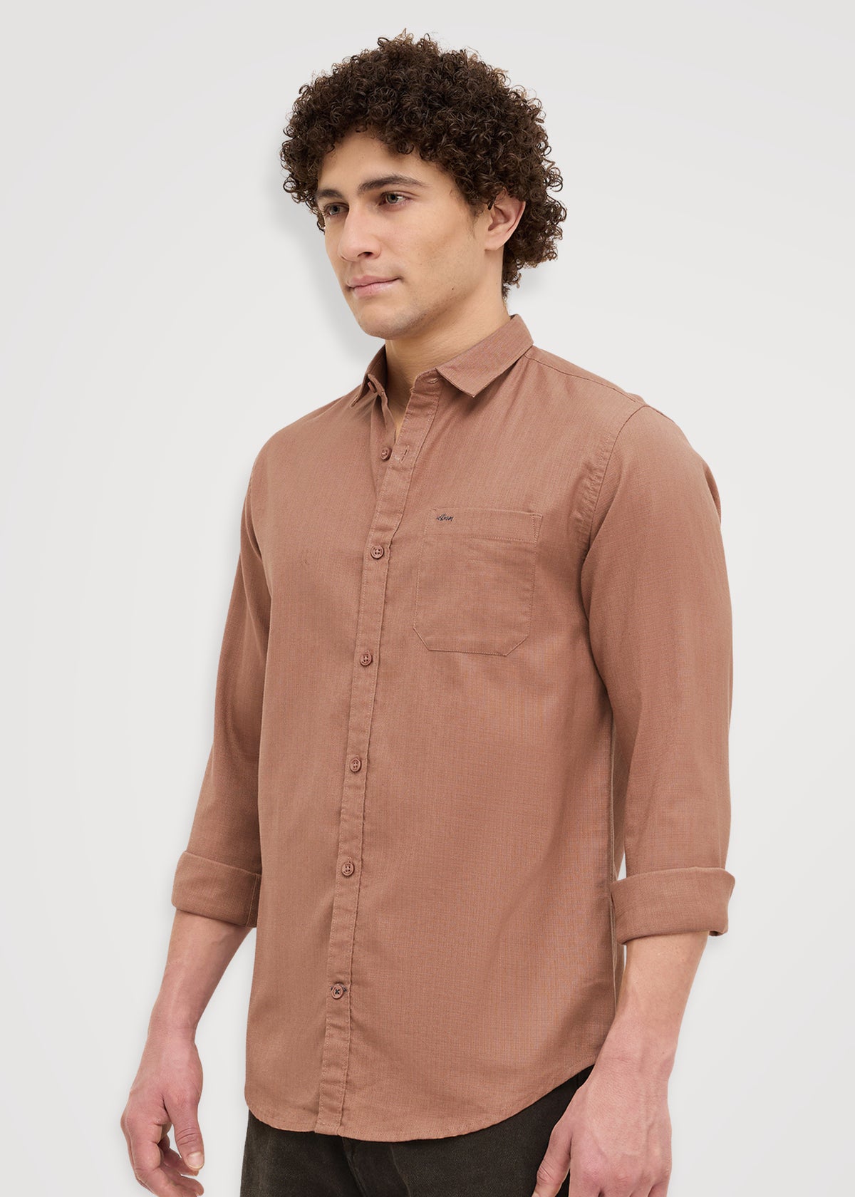 Contain Textured Pure Cotton Full Sleeve Shirt: Rust