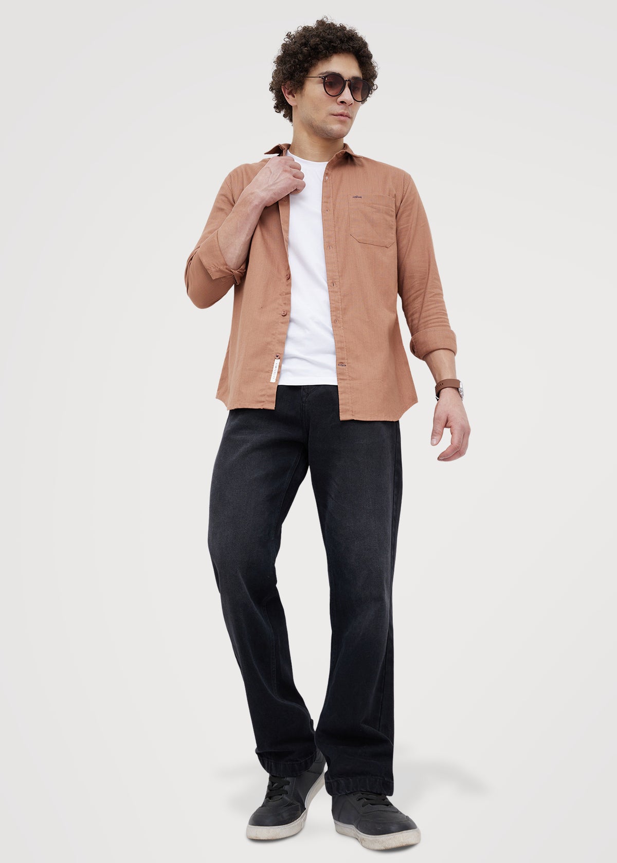 Contain Textured Pure Cotton Full Sleeve Shirt: Rust