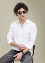Contain Textured Pure Cotton Full Sleeve Shirt: White