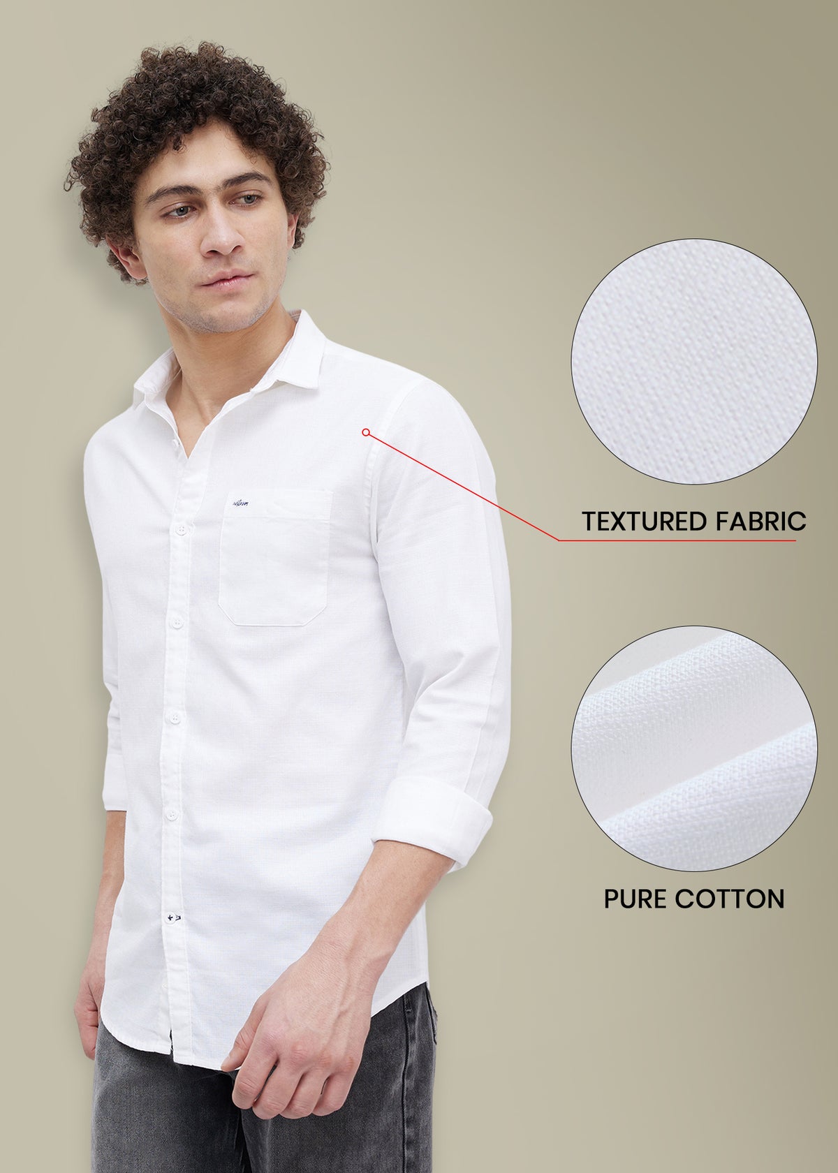Contain Textured Pure Cotton Full Sleeve Shirt: White