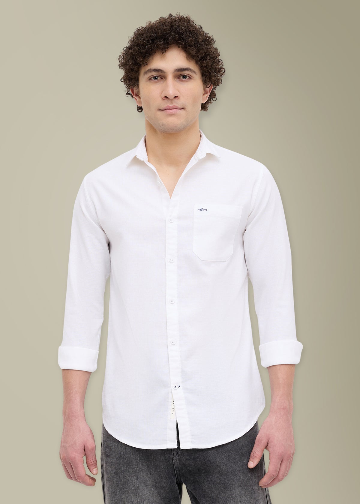 Contain Textured Pure Cotton Full Sleeve Shirt: White