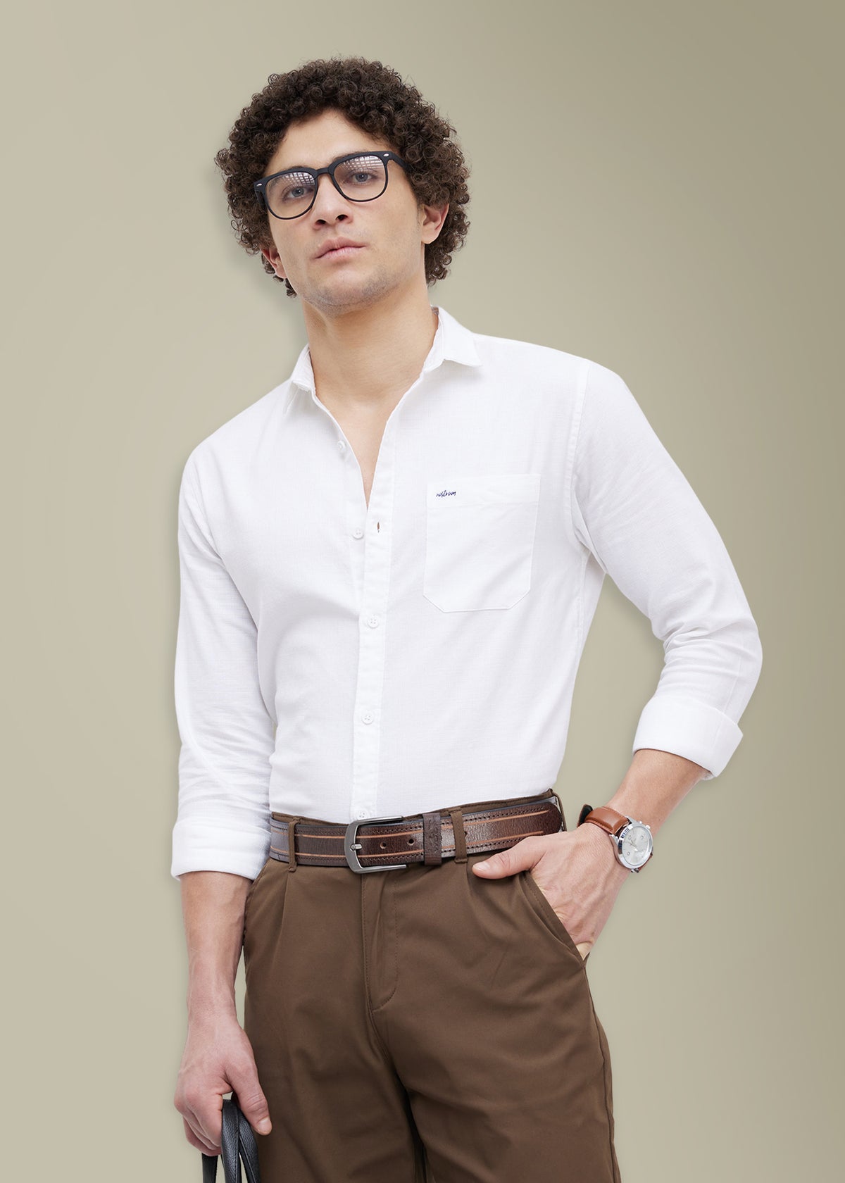 Contain Textured Pure Cotton Full Sleeve Shirt: White