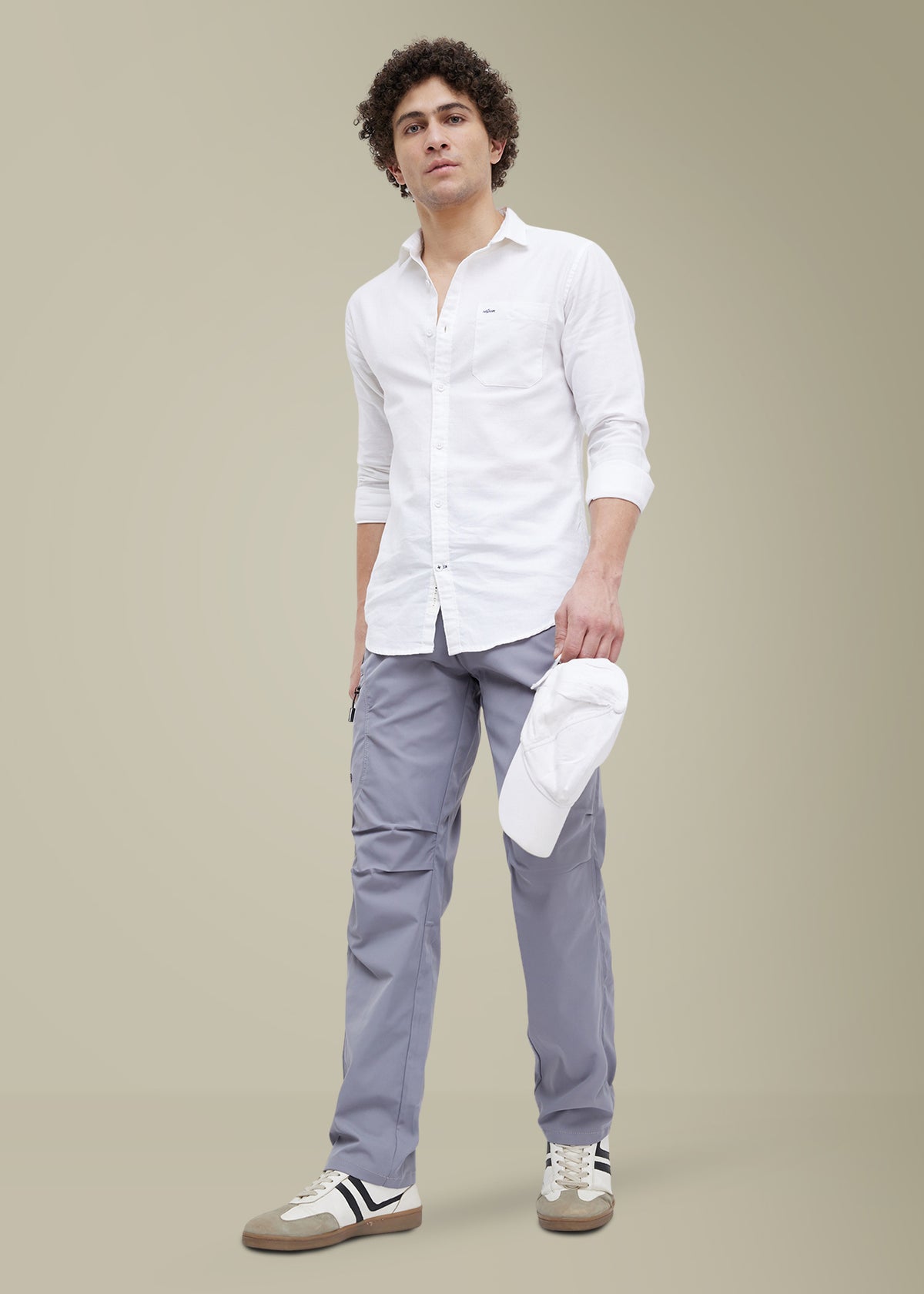 Contain Textured Pure Cotton Full Sleeve Shirt: White