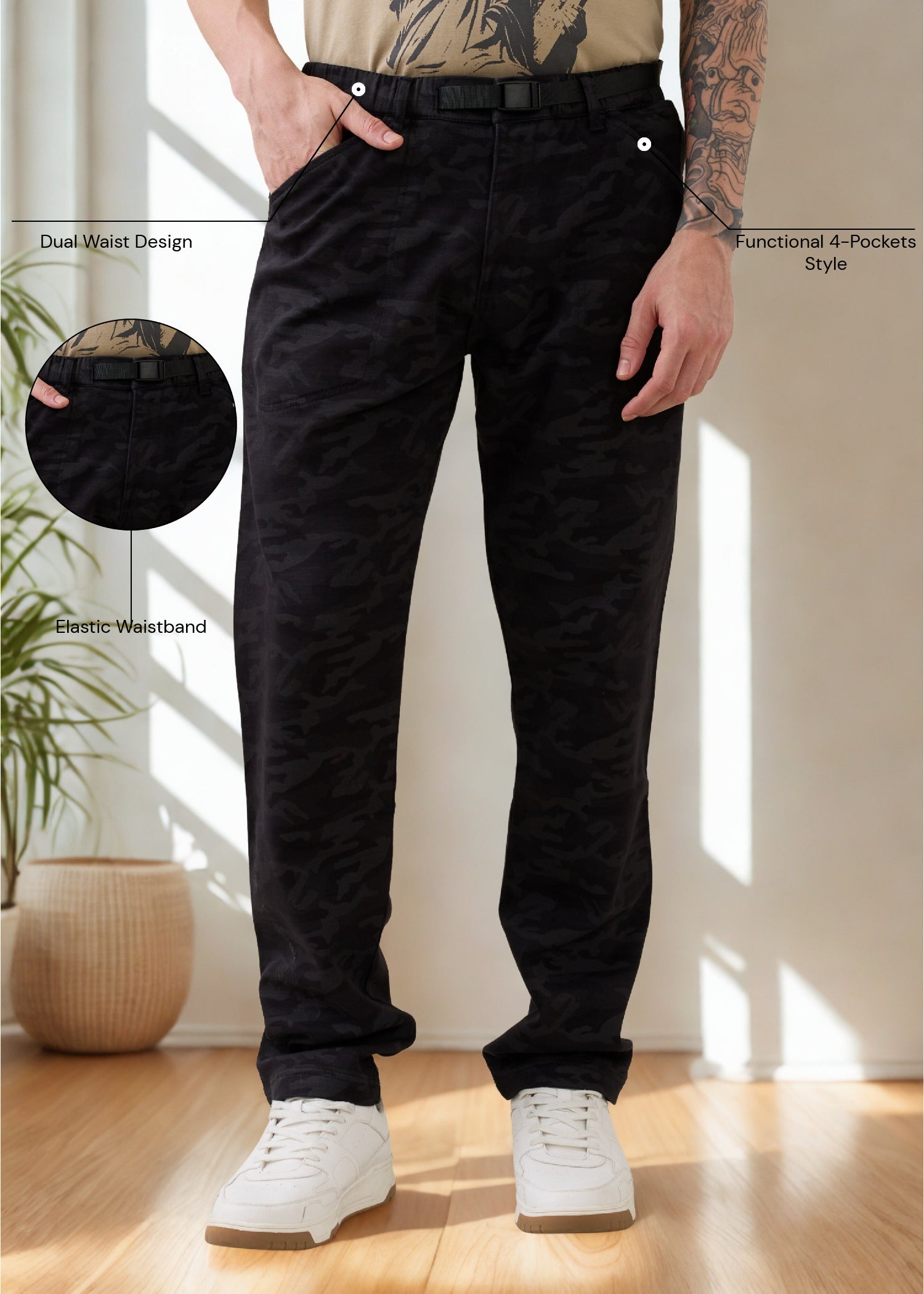 Nostrum Crimson Cotton Camouflage Black Cargo Pants for Men